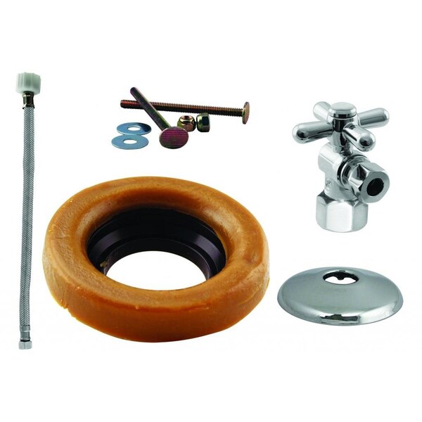 Westbrass Toilet Kit W/ 1/4-Turn 1/2 in IPS Stop and Wax Ring, Cross Handle in Polished Chrome D1613TBX-26 - main